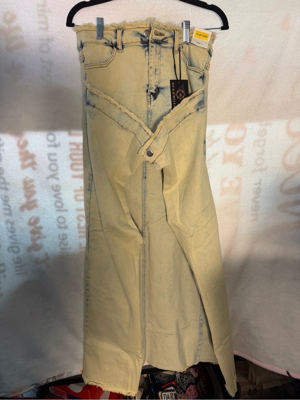 Light Yellow Denim Maxi Skirt with Front Snap Detail